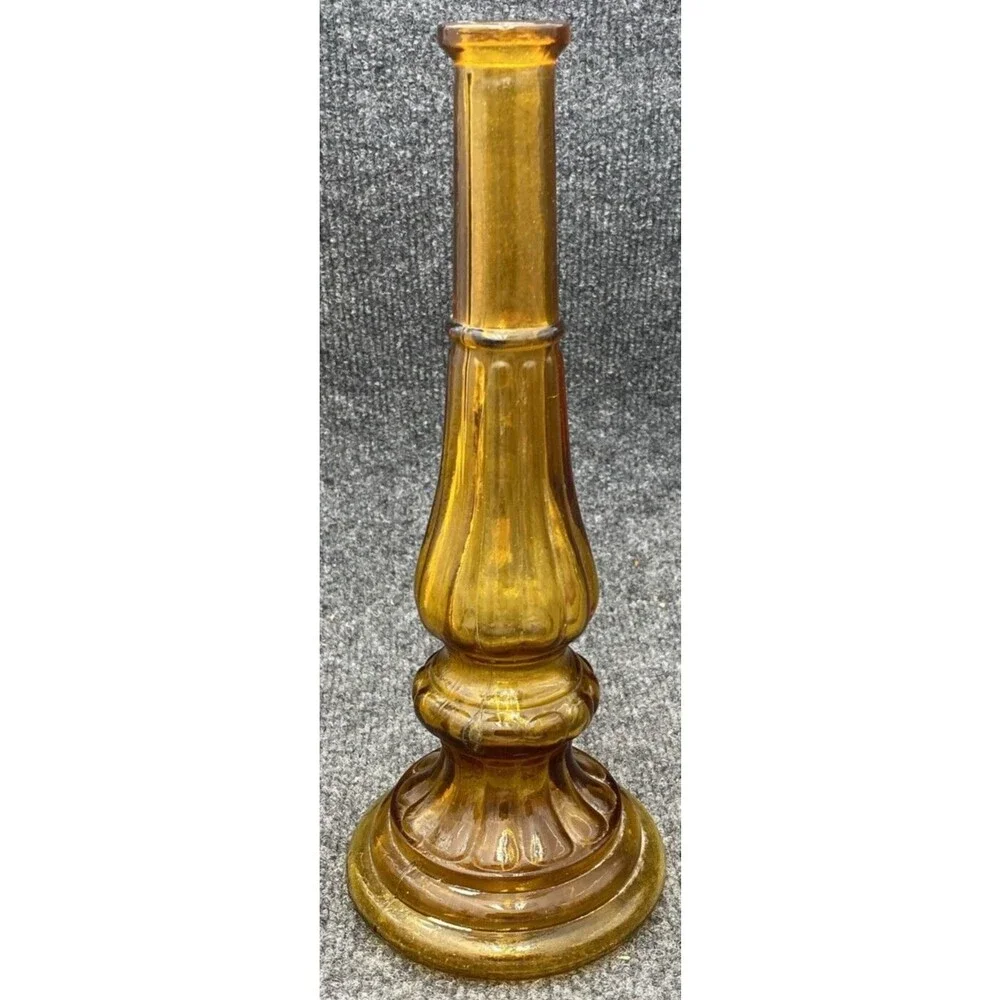 Vintage Empoli Italy Amber Glass Candlestick Holder Column Bud Vase MCM 12